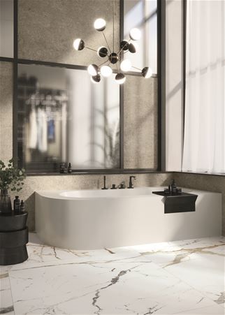 Modern and bright bathroom with Eternal Gold matte ceramic floor and Fossil Ivory matte ceramic wall
