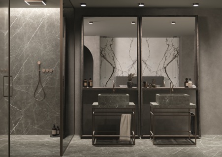 Modern and minimal bathroom in the gritty shade of Marble Gray matte stoneware in which the floor, shower cladding and even the assembled custom-made wash basins are made