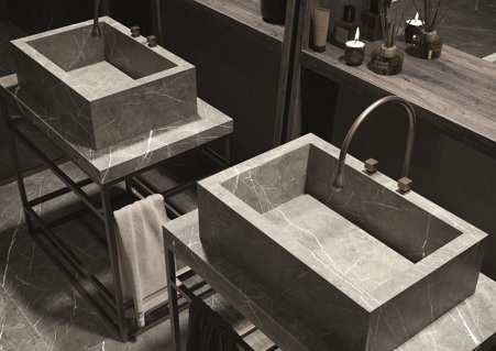 Assembled bathroom top and washbasin with retractable drain in Marble Gray ceramic.