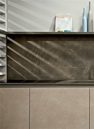 Kitchen top, shelf, cover and integrated sink in 6 mm thick Stone Brown matte ceramic